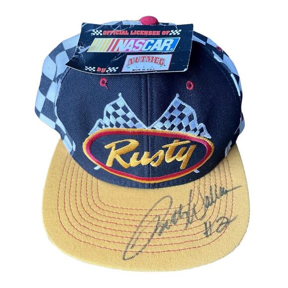 NWT Nutmeg Rusty Wallace Snapback Hat Autograph Checkered Snapback USA 90s RARE